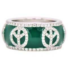 Green Enamel "Peace Symbols" Diamond Ring 18 Karat White Gold