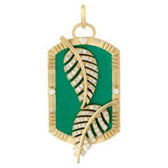 Green Enamel Pendant With Pave Diamond Leafs In 18k Yellow Gold