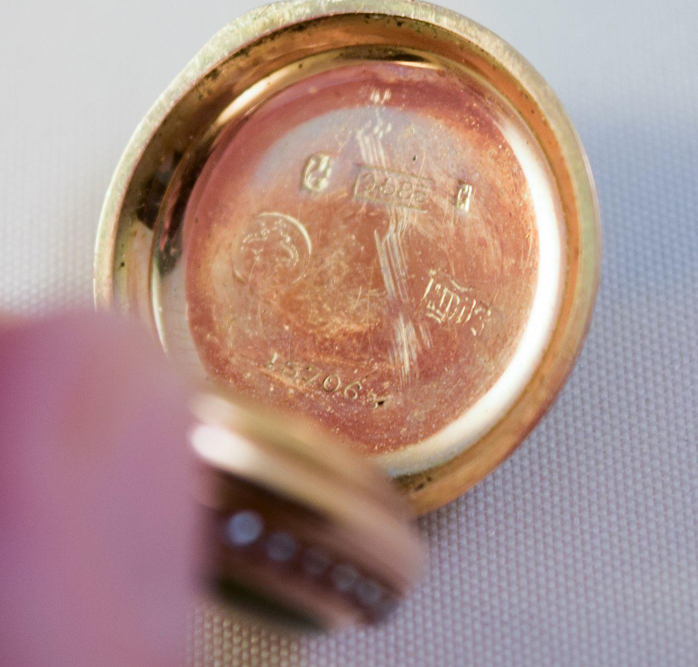 Enamel Hunter cased watch painted with scenery 14k split pearl rose cut diamonds 10