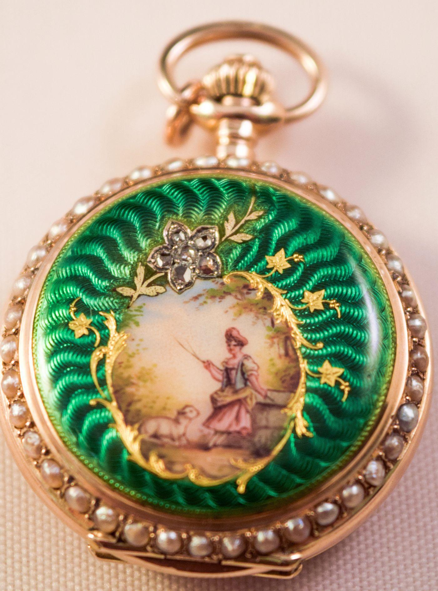 Women's or Men's Enamel Hunter cased watch painted with scenery 14k split pearl rose cut diamonds