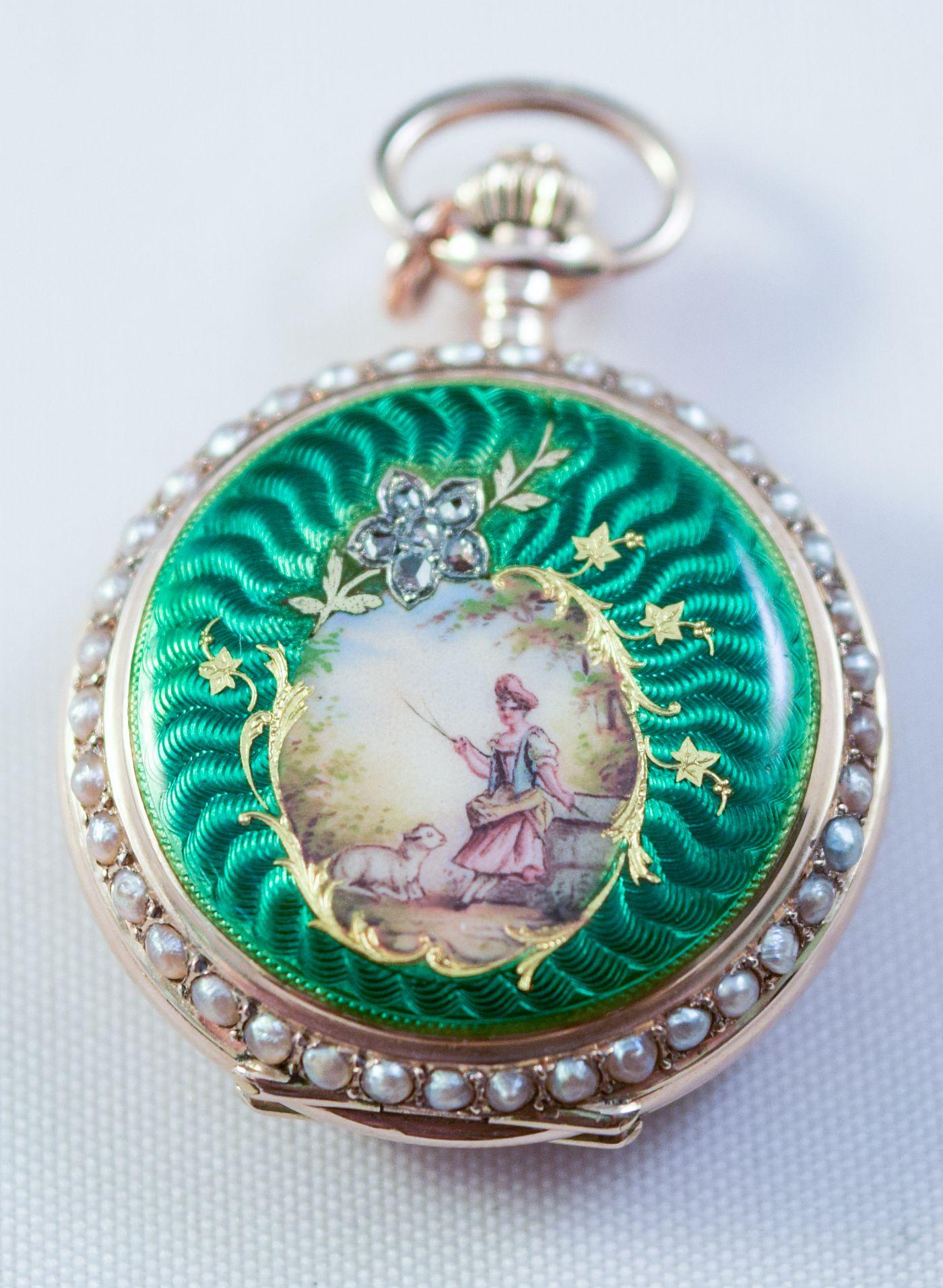 Enamel Hunter cased watch painted with scenery 14k split pearl rose cut diamonds 2