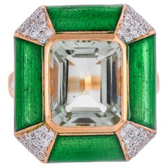 Green Enamel Prasiolite and Diamond 18 Karat Yellow Gold Ring