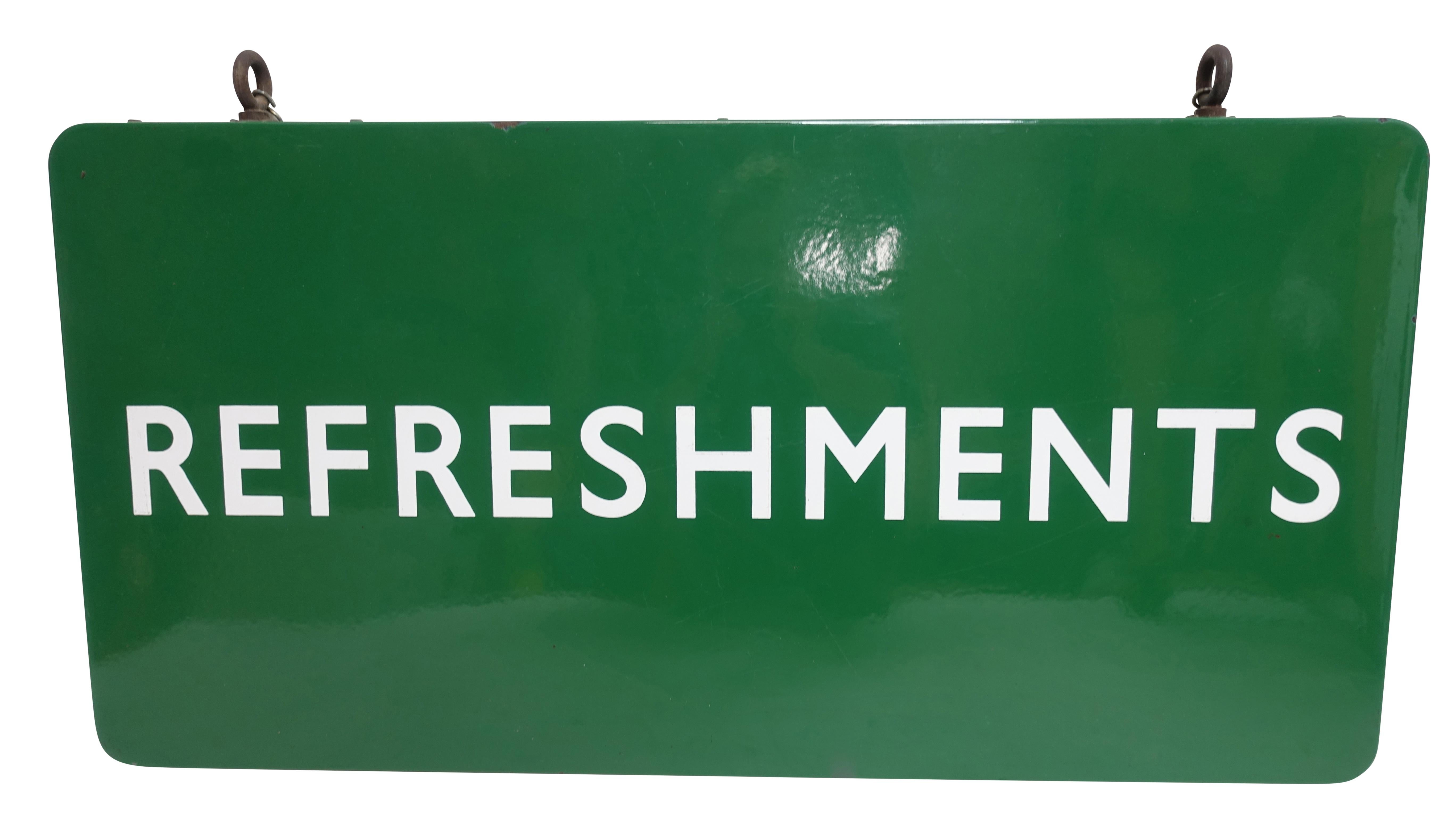 Green Enamel Refreshments Advertising Sign, American, Early to Mid-20th Century In Excellent Condition In San Francisco, CA