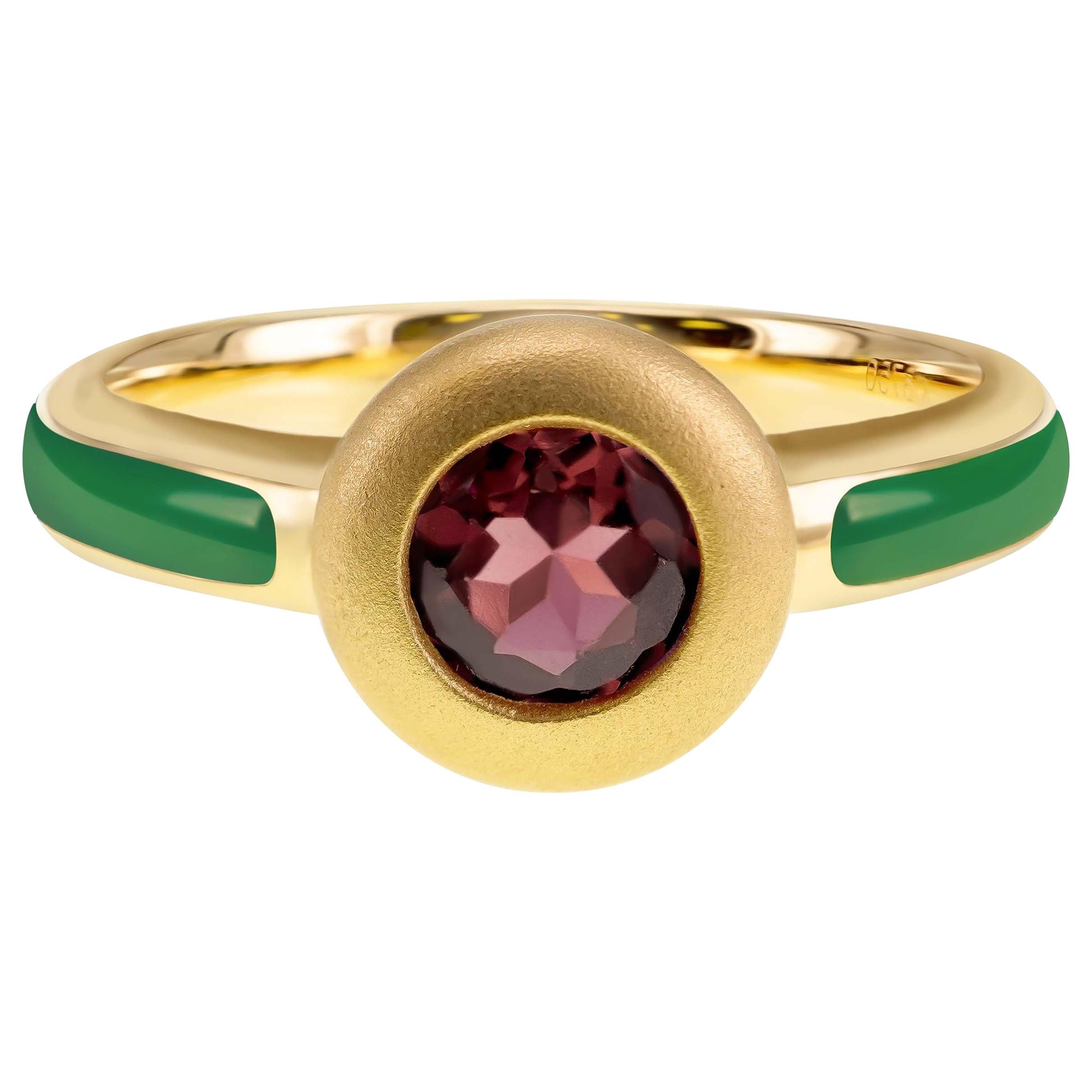 Green Enamel & Round Brilliant Pink Tourmaline 18K Gold Young Ring For Sale