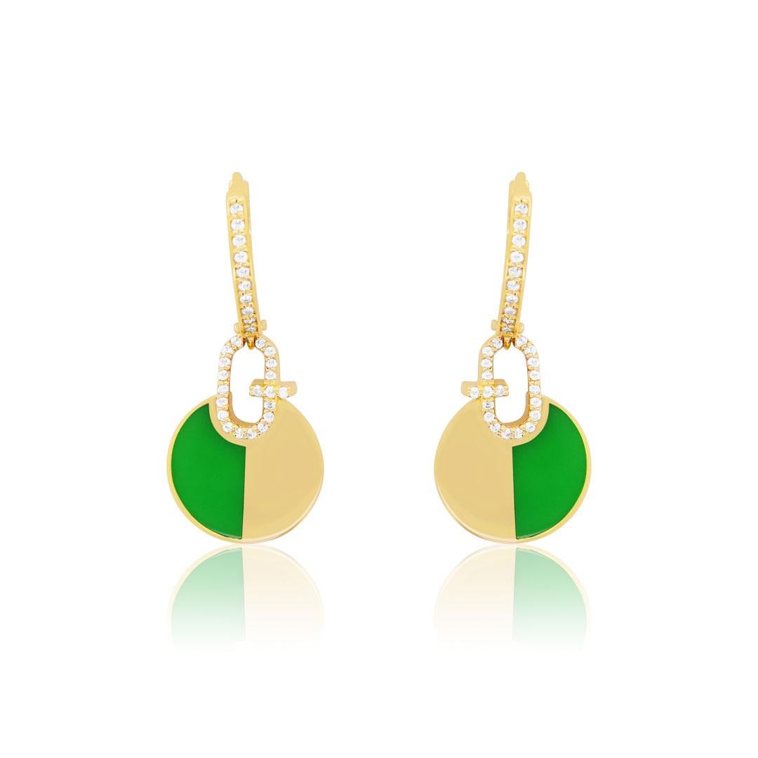 Round Cut Green Enamel Round Diamond Dangle Drop Geometric Earrings 14K Yellow Gold