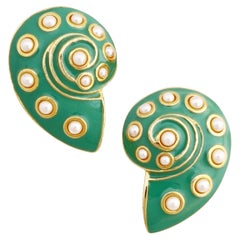 Green Enamel Snail Seashell Statement Earrings By Kenneth Jay Lane, 1990s