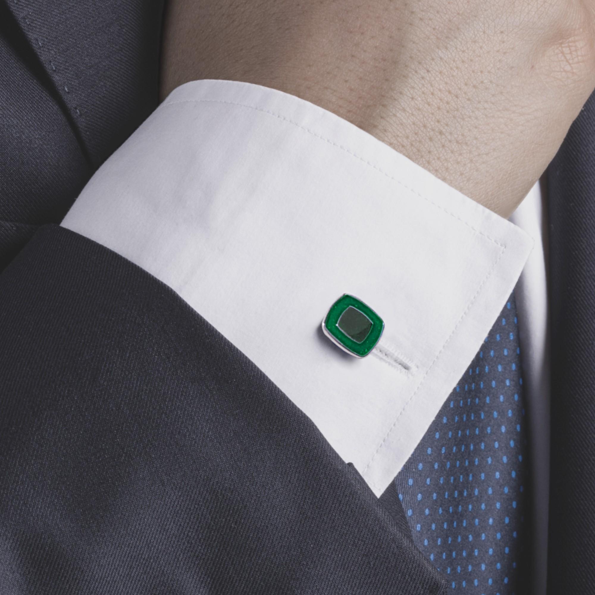 Women's or Men's Green Enamel Sterling Silver Cufflinks For Sale