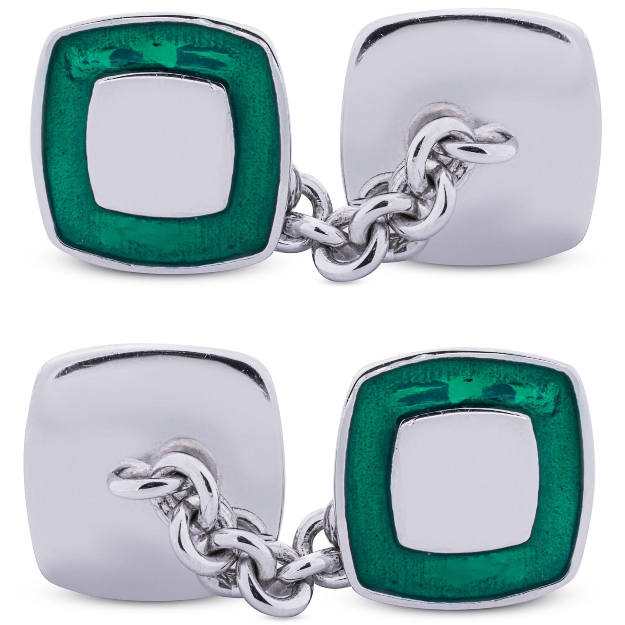 Green Enamel Sterling Silver Cufflinks In New Condition For Sale In Lugano, CH