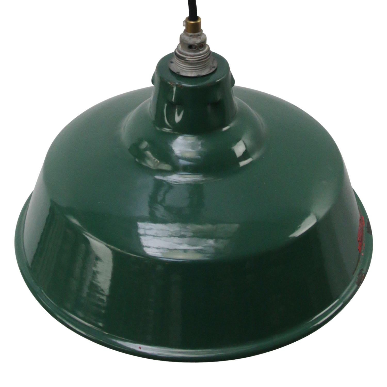 British warehouse, industrial pendant by Simplex Electric Co. UK
Green enamel shade with white interior. 

Bulb holder E14 screw

Weight: 1.30 kg / 2.9 lb

Priced per individual item. All lamps have been made suitable by international