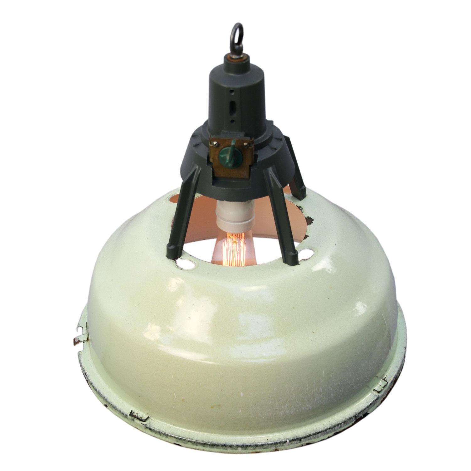 Enamel industrial pendant
Light green enamel shade, white inside.
Dark gray cast aluminum top

Weight: 2.20 kg / 4.9 lb

Priced per individual item. All lamps have been made suitable by international standards for incandescent light bulbs,
