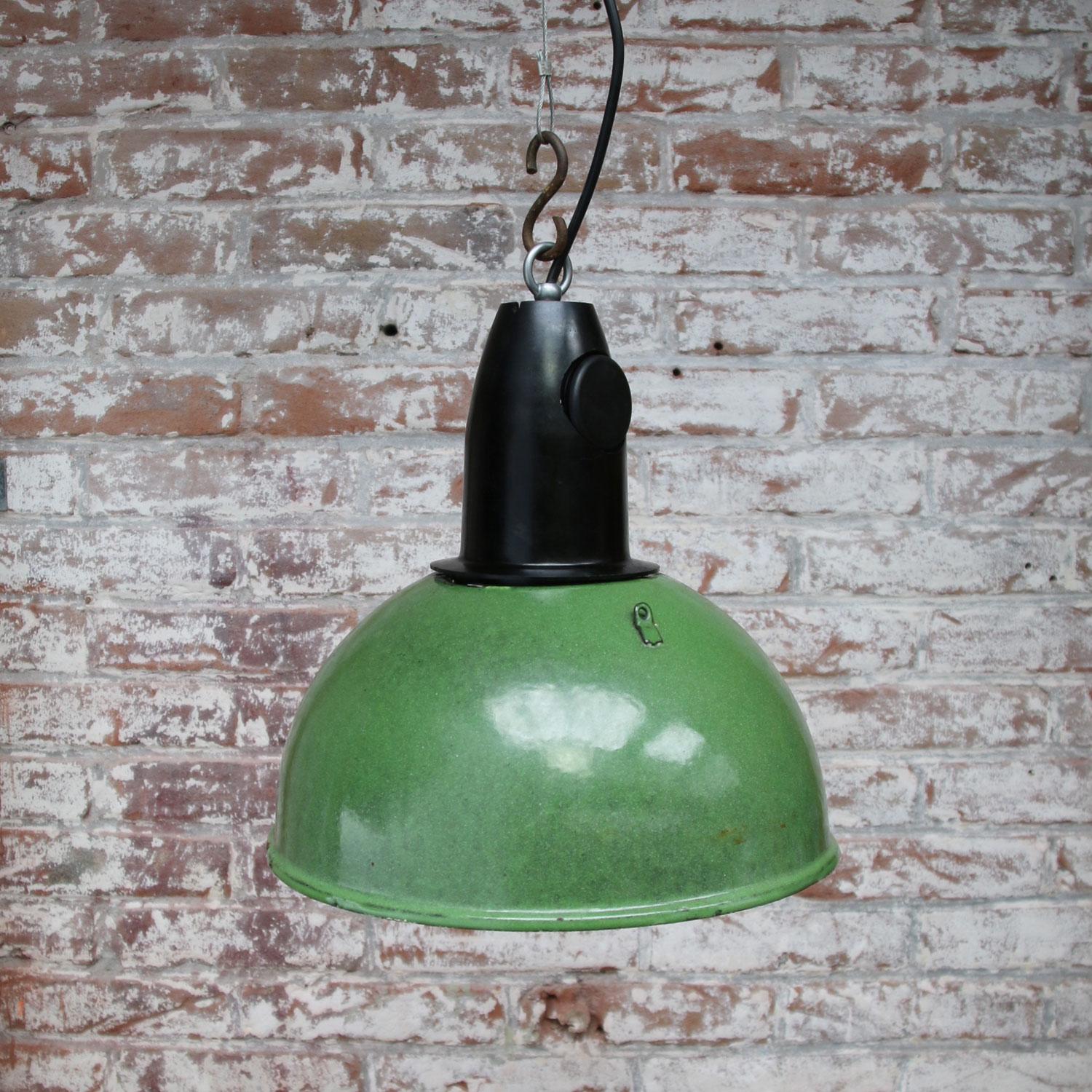 Ukrainian Green Enamel Vintage Industrial Bakelite Top Pendant Lights (5x)