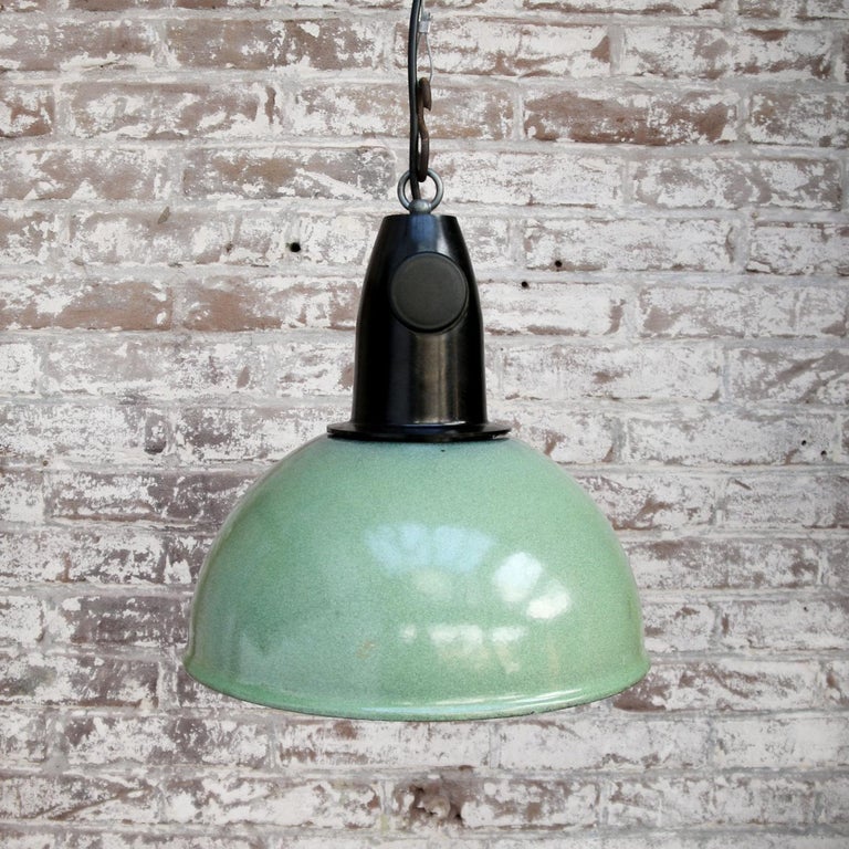 Green Enamel Vintage Industrial Bakelite Top Pendant Lights In Good Condition In Amsterdam, NL