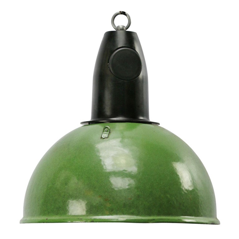 Green Enamel Vintage Industrial Bakelite Top Pendant Lights  For Sale