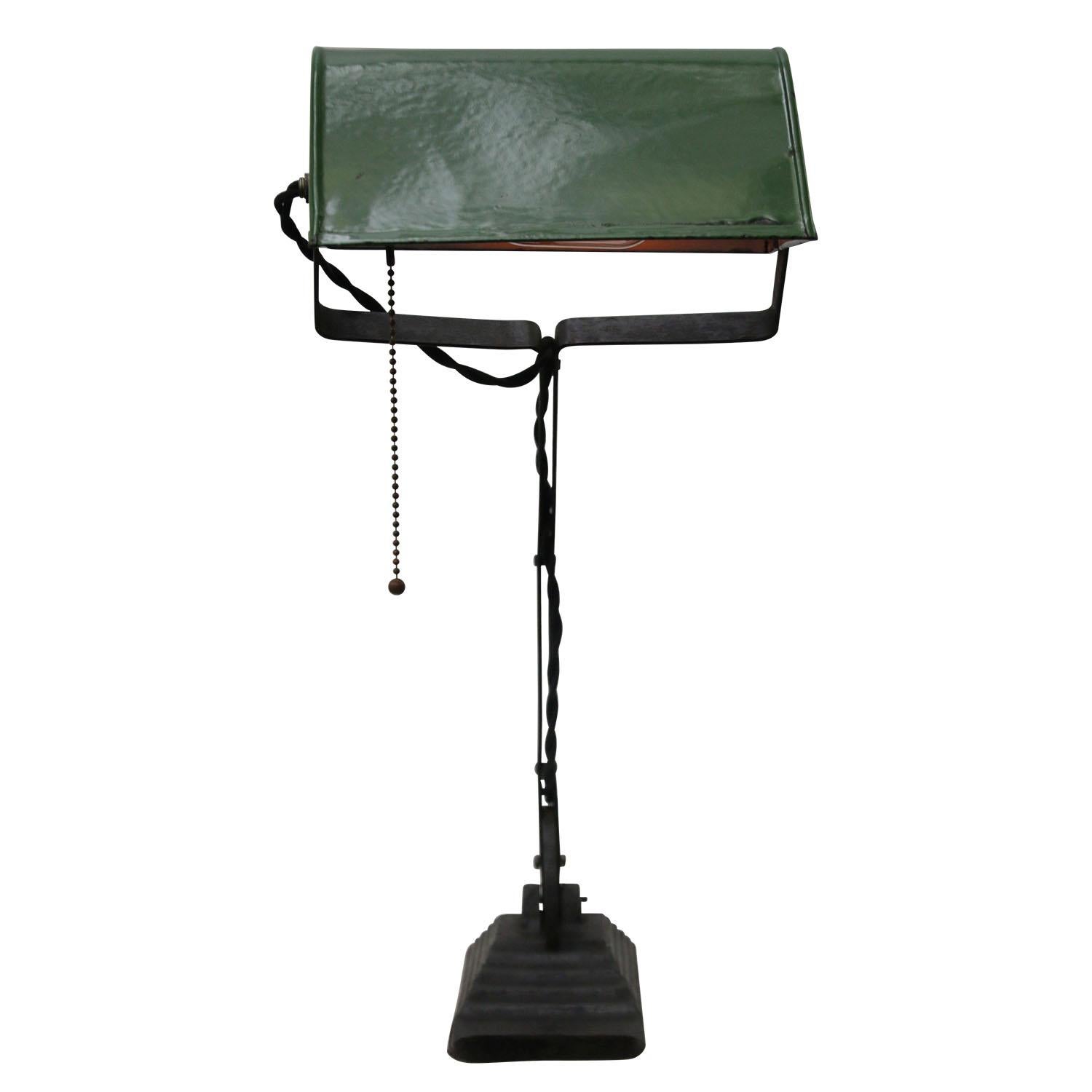 Hungarian Green Enamel Vintage Industrial Banker Light Table Desk Lights For Sale