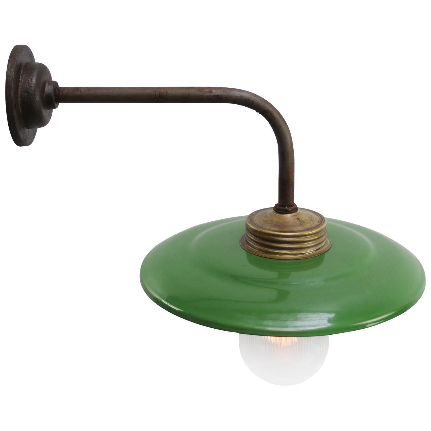 Hungarian Green Enamel Vintage Industrial Brass Clear Striped Glass Scones Wall Lights For Sale