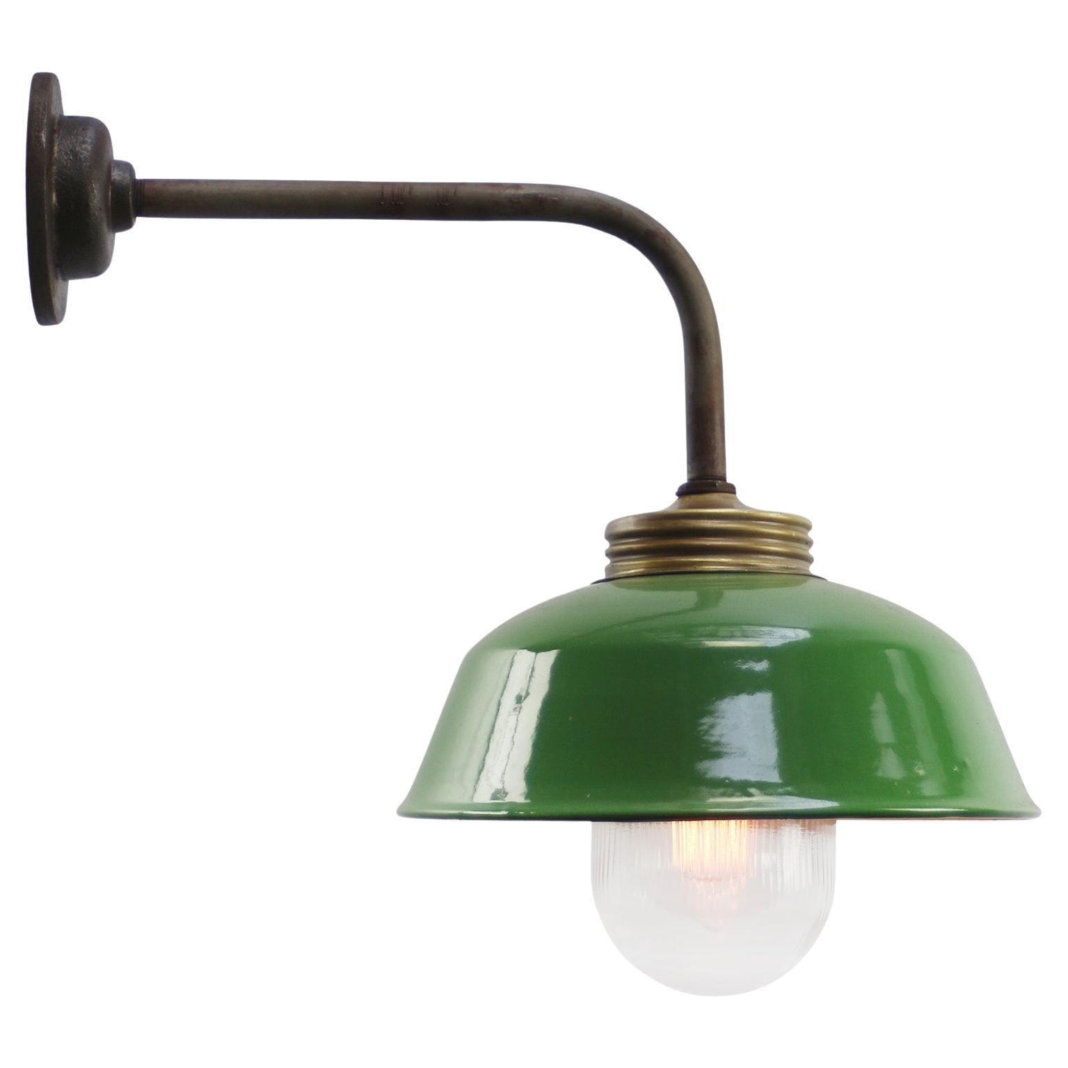 Green Enamel Vintage Industrial Brass Clear Striped Glass Scones Wall Lights For Sale