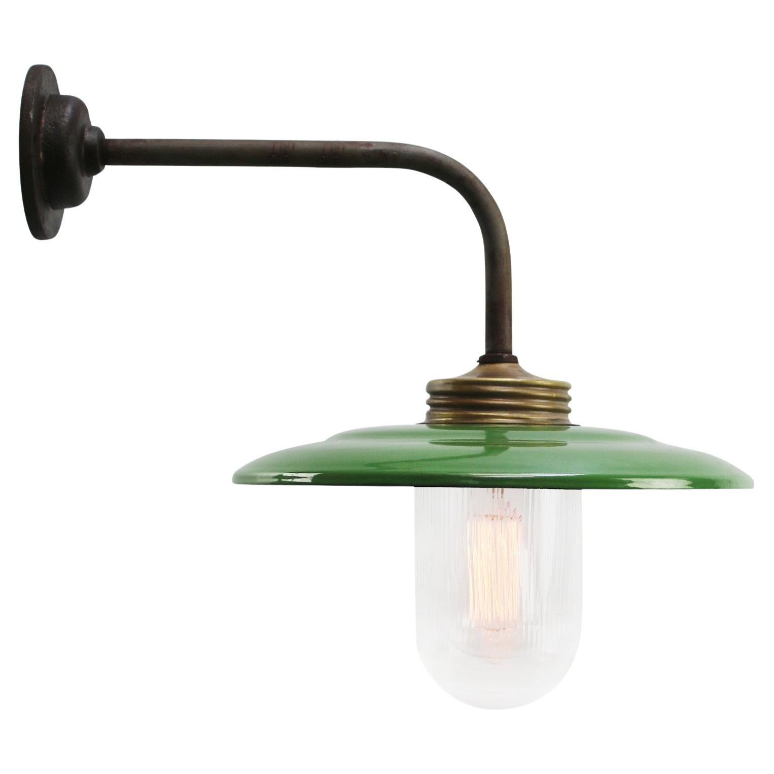 Green Enamel Vintage Industrial Brass Clear Striped Glass Scones Wall Lights For Sale