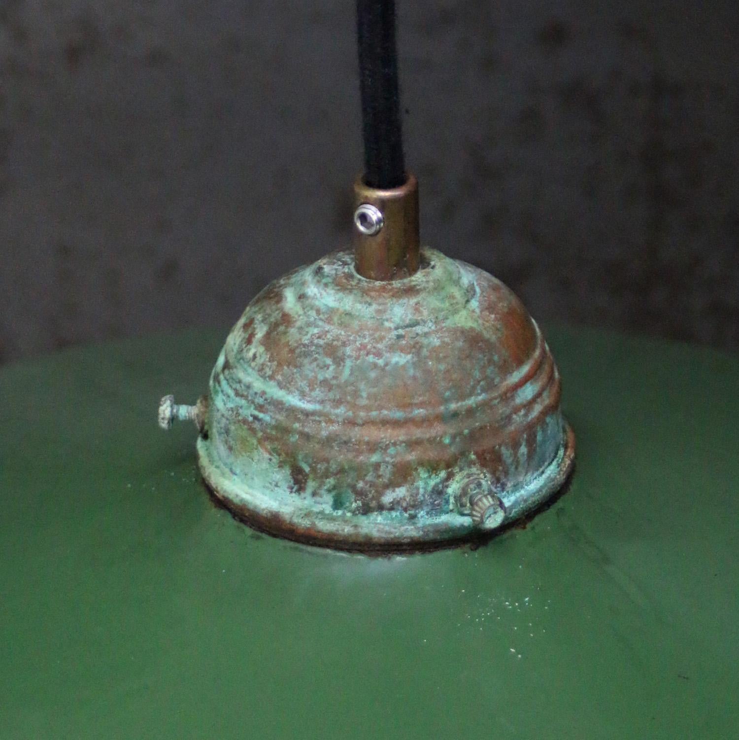 Green Enamel Vintage Industrial Brass Pendant Light In Good Condition In Amsterdam, NL