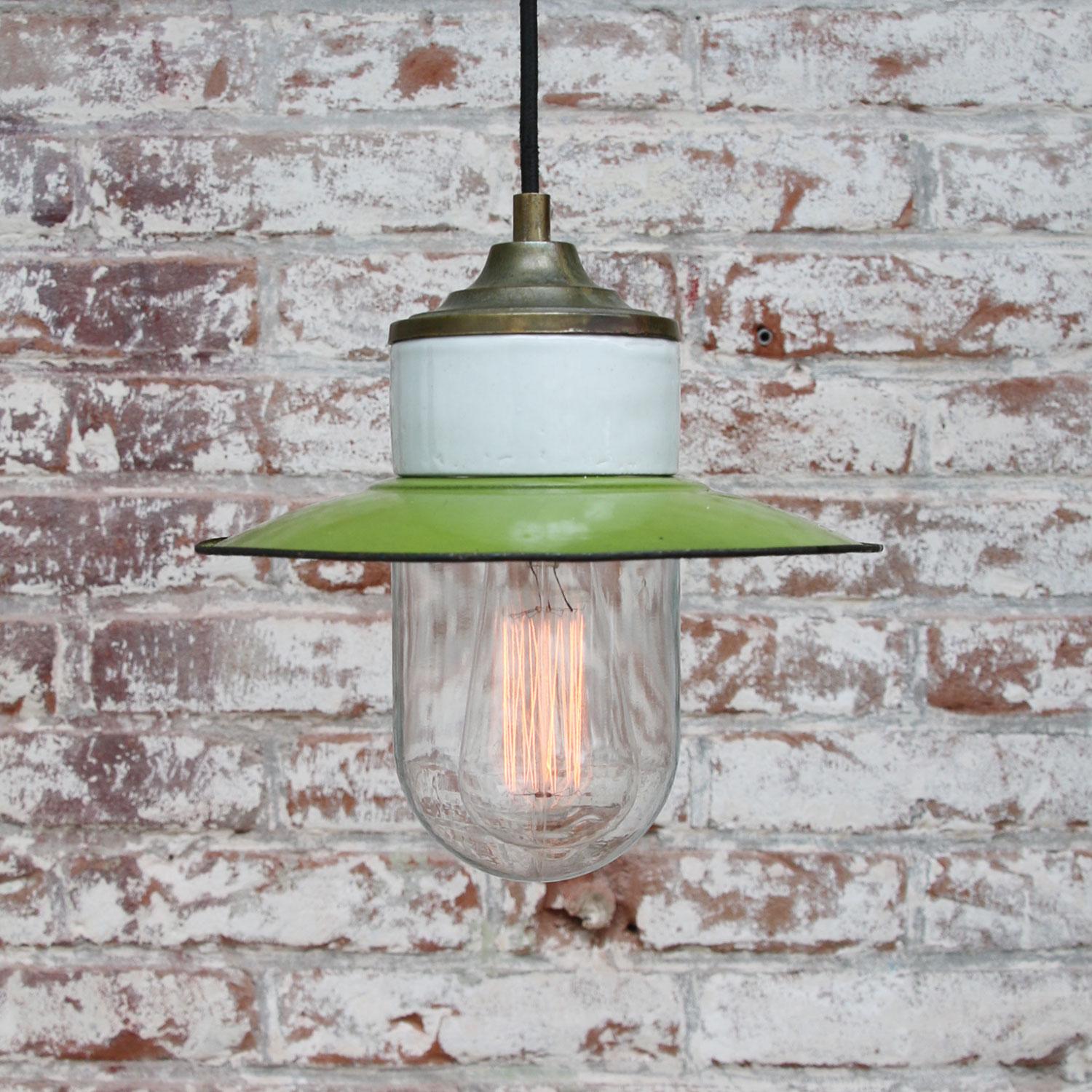 Green Enamel Vintage Industrial Brass Porcelain Clear Glass Pendant Light In Good Condition In Amsterdam, NL