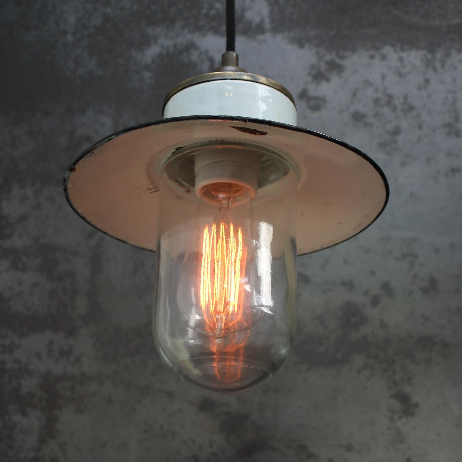 French Green Enamel Vintage Industrial Brass Porcelain Clear Glass Pendant Lights For Sale
