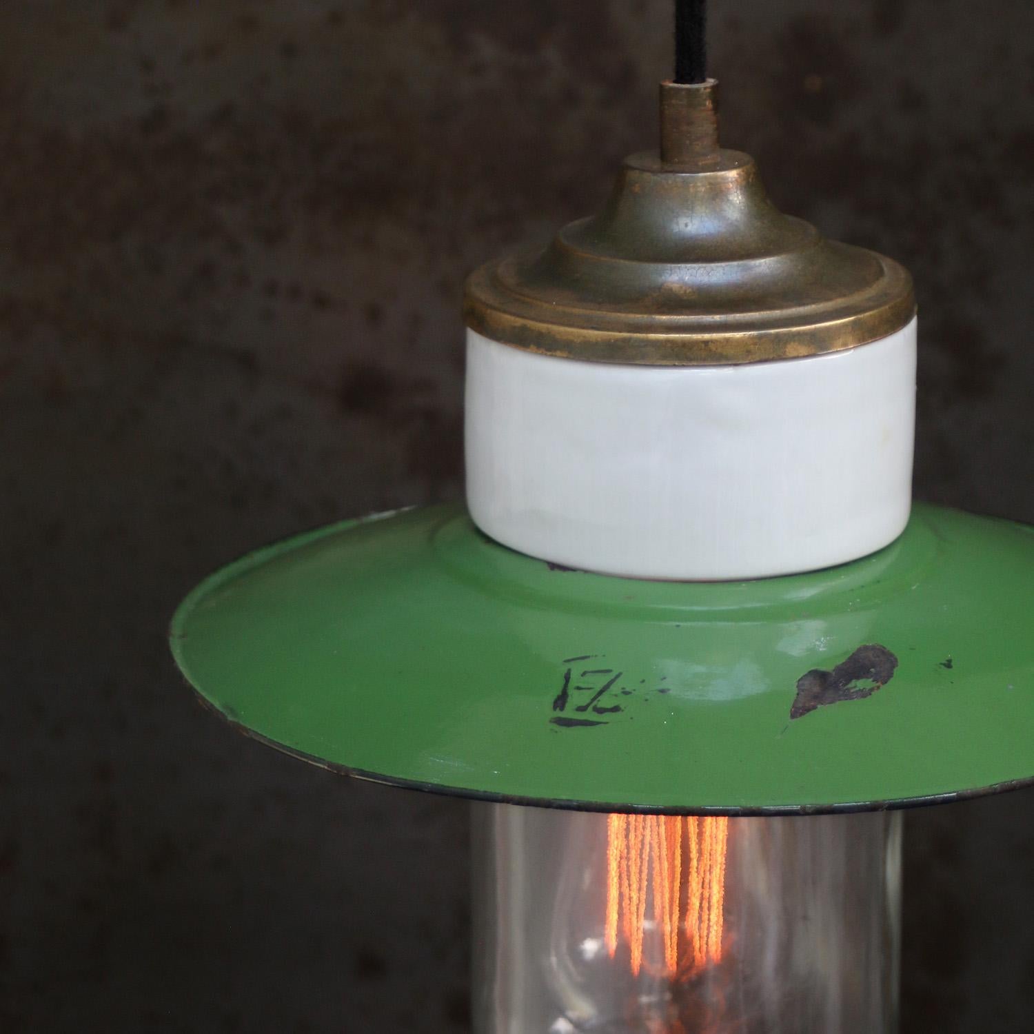 Green Enamel Vintage Industrial Brass Porcelain Clear Glass Pendant Lights In Good Condition For Sale In Amsterdam, NL
