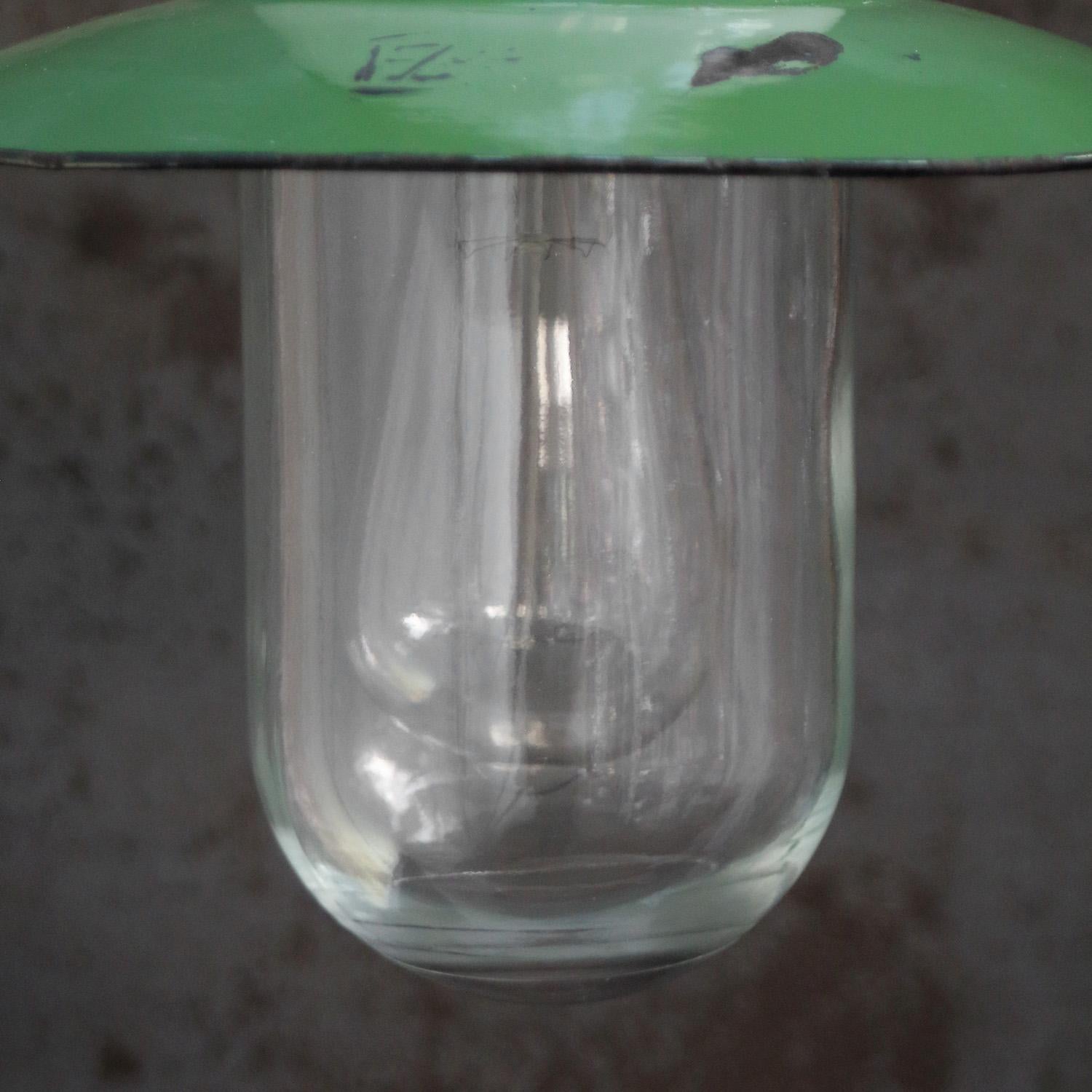20th Century Green Enamel Vintage Industrial Brass Porcelain Clear Glass Pendant Lights For Sale