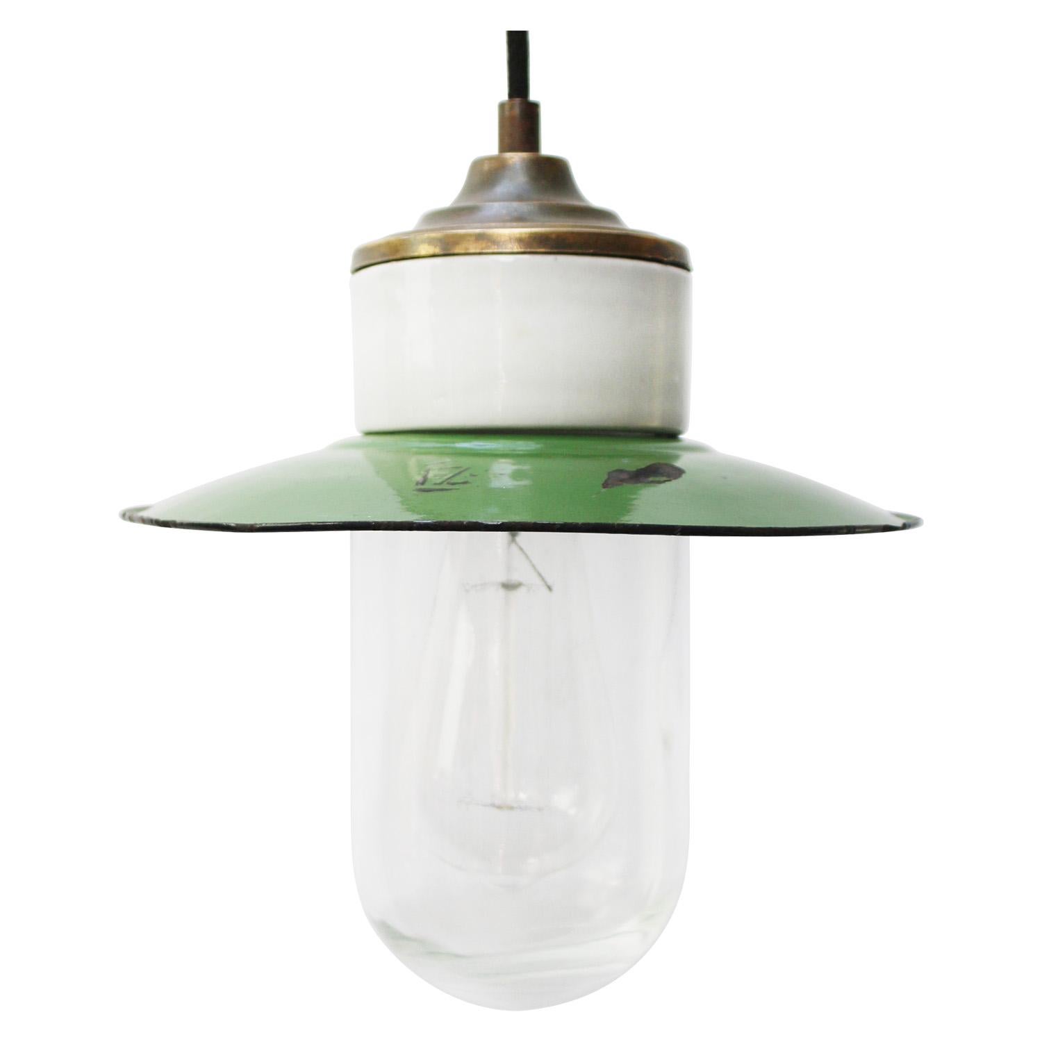Green Enamel Vintage Industrial Brass Porcelain Clear Glass Pendant Lights For Sale 1