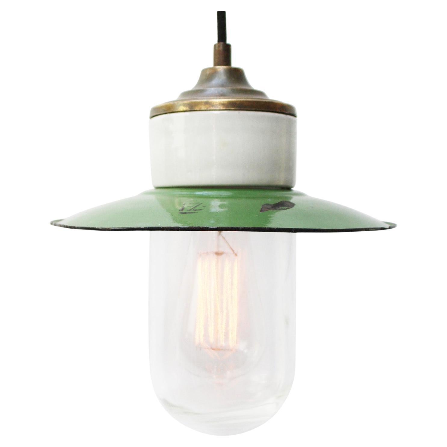 Green Enamel Vintage Industrial Brass Porcelain Clear Glass Pendant Lights
