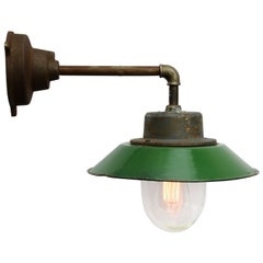 Green Enamel Vintage Industrial Cast Iron Arm Clear Glass Wall Lamps (2x)