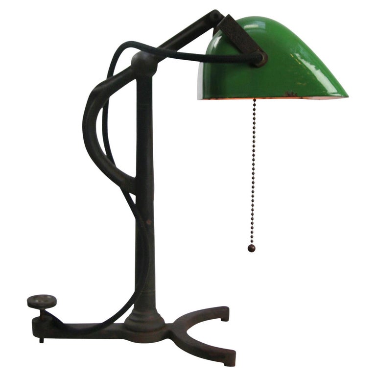 Green Enamel Vintage Industrial Cast Iron Banker Light Table Desk