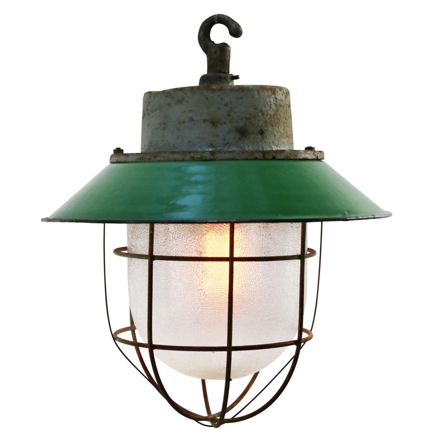 Green enamel. White interior.
Cast iron top. Frosted glass. 

Weight: 5.0 kg / 11 lb

Priced per individual item. All lamps have been made suitable by international standards for incandescent light bulbs, energy-efficient and LED bulbs. E26/E27