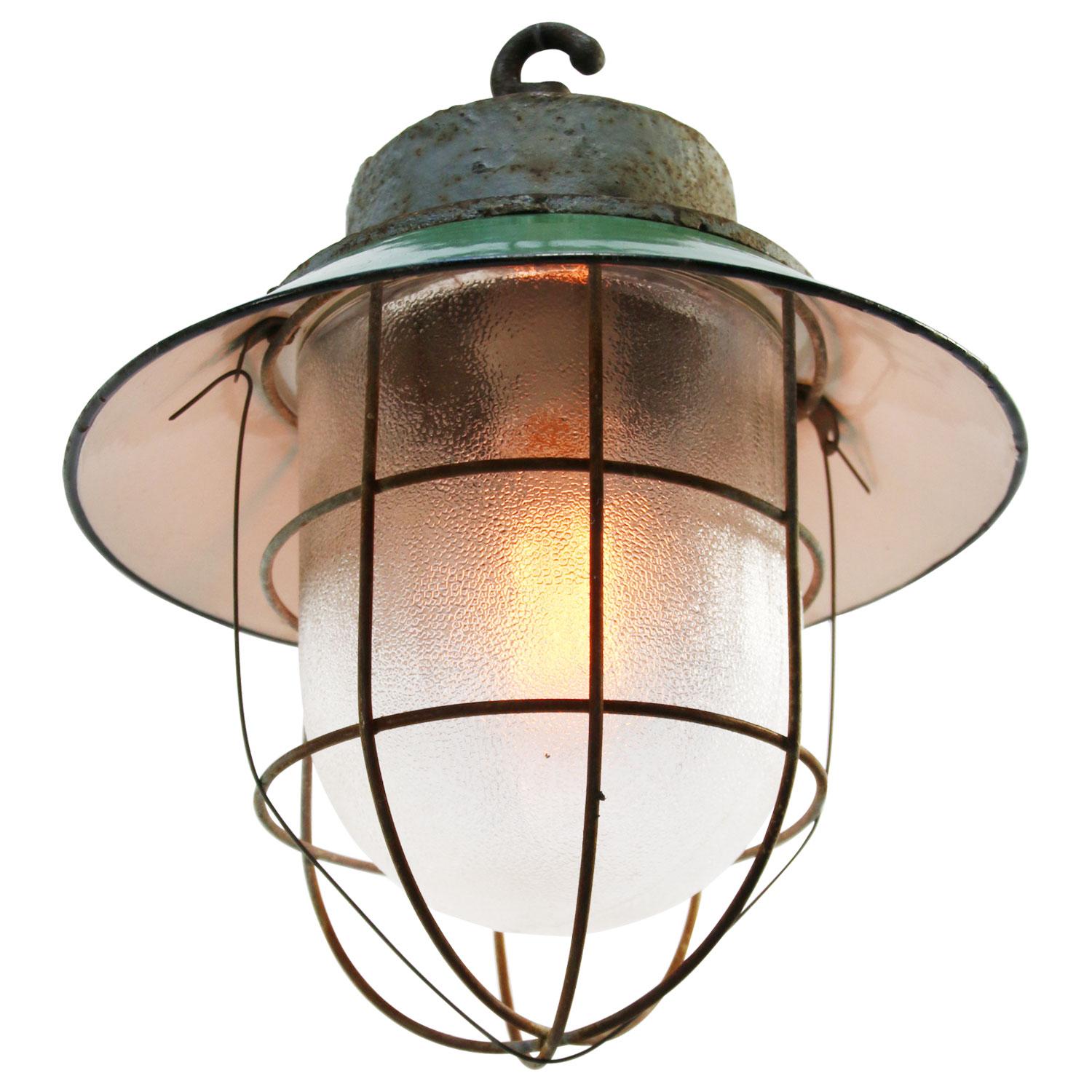 Green Enamel Vintage Industrial Cast Iron Frosted Glass Pendant Lights In Good Condition In Amsterdam, NL
