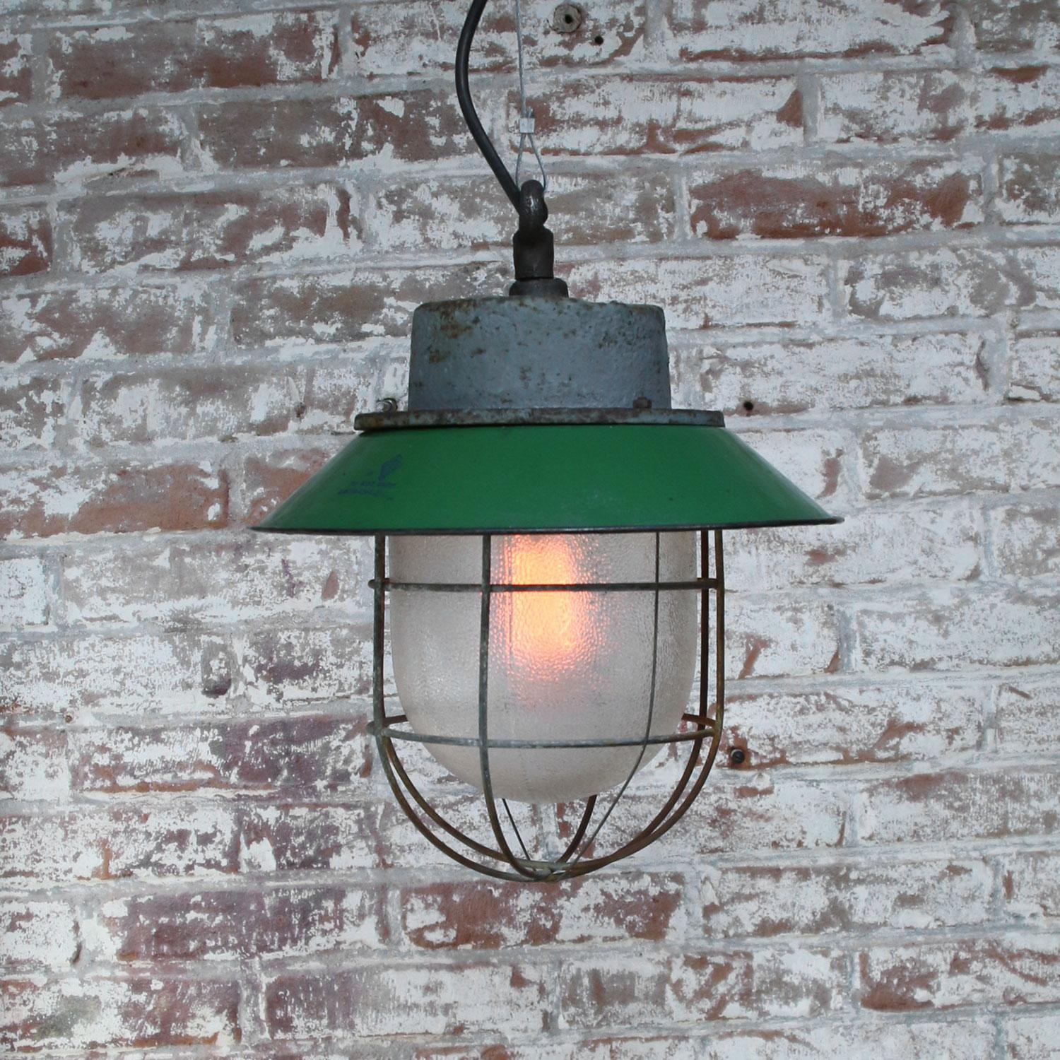 20th Century Green Enamel Vintage Industrial Cast Iron Frosted Glass Pendant Lights