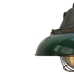 Green Enamel Vintage Industrial Cast Iron Holophane Glass Pendant Lamps (4x)