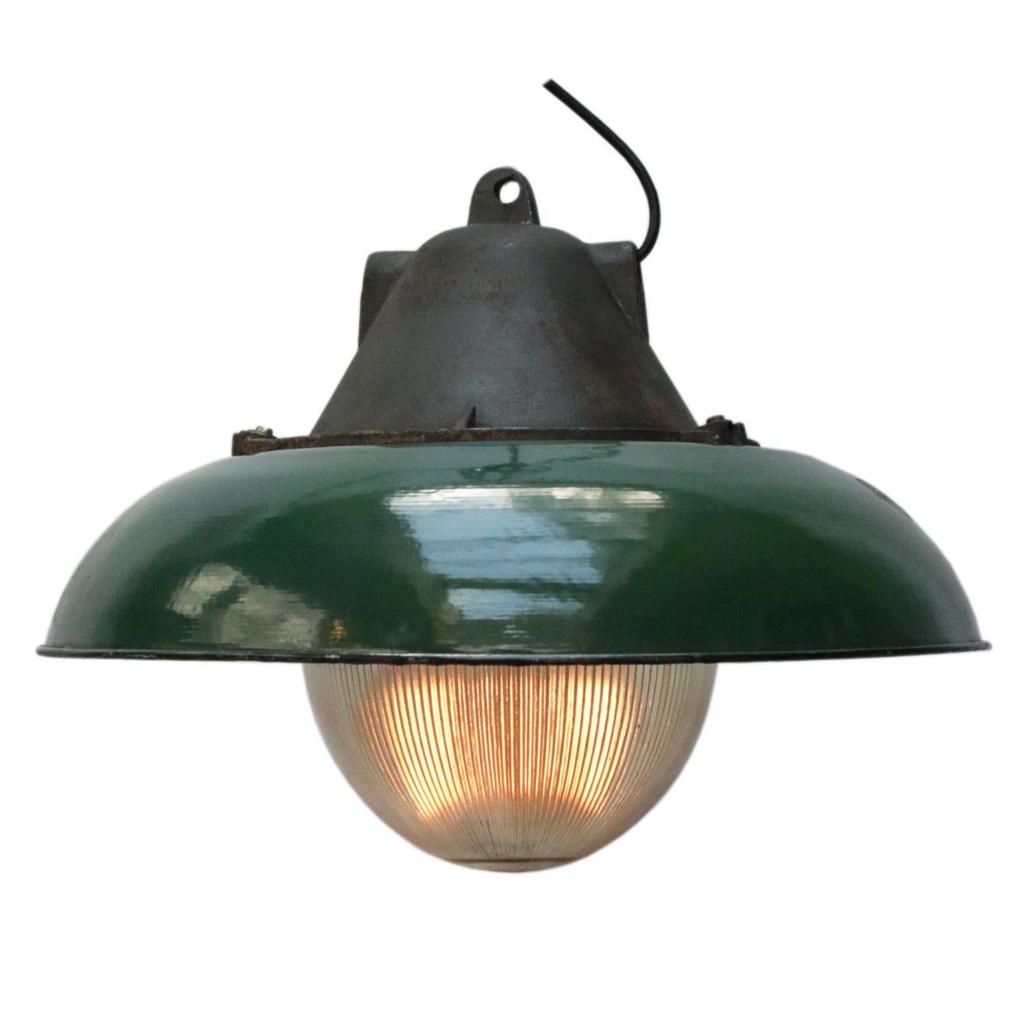 20th Century Green Enamel Vintage Industrial Cast Iron Holophane Glass Pendant Lamp