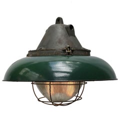 Green Enamel Vintage Industrial Cast Iron Holophane Glass Pendant Lamps (4x)
