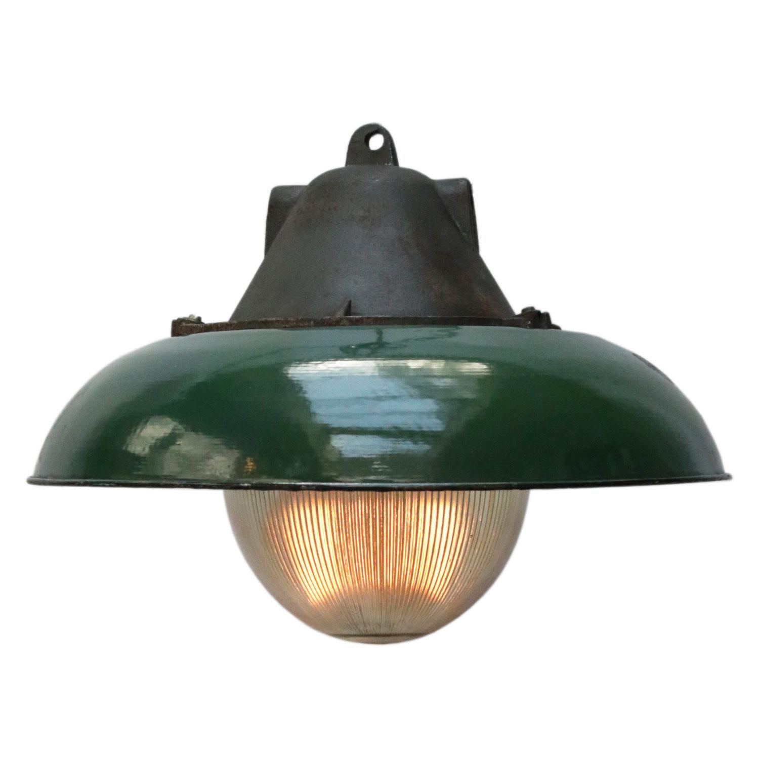 Green Enamel Vintage Industrial Cast Iron Holophane Glass Pendant Lamp