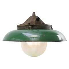 Green Enamel Vintage Industrial Cast Iron Holophane Glass Pendant Lamp