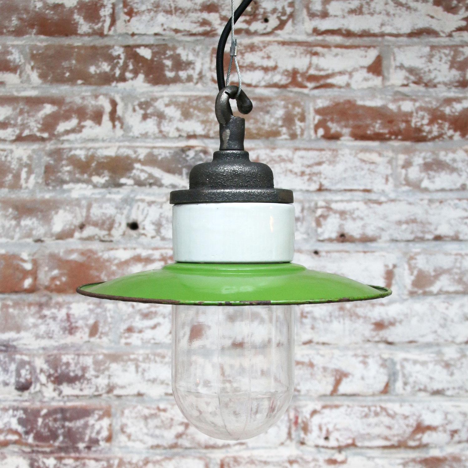 Green Enamel Vintage Industrial Cast Iron Porcelain Glass Pendant Light In Good Condition In Amsterdam, NL