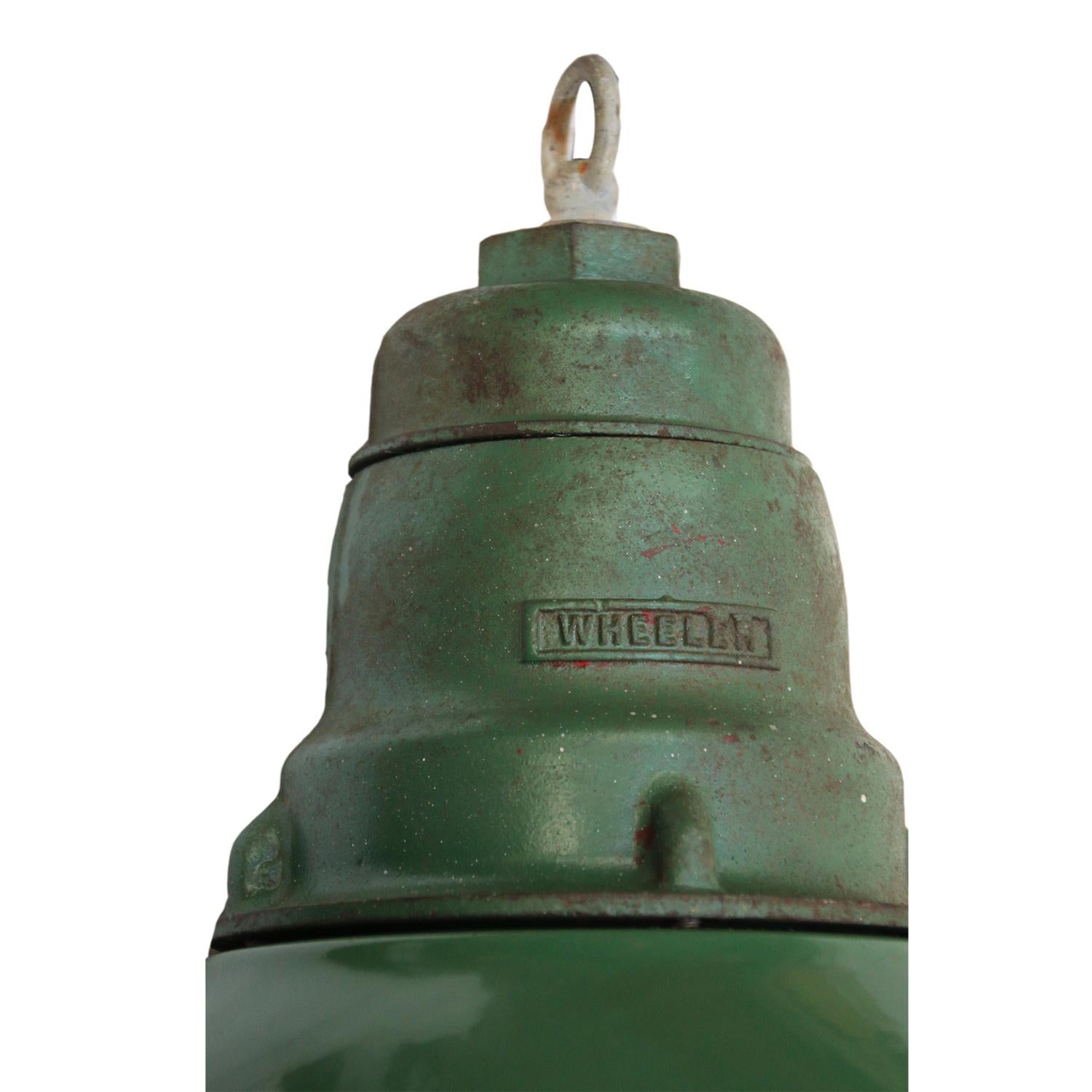 Green Enamel Vintage Industrial Cast Iron Top Clear Glass Pendant Light In Good Condition In Amsterdam, NL