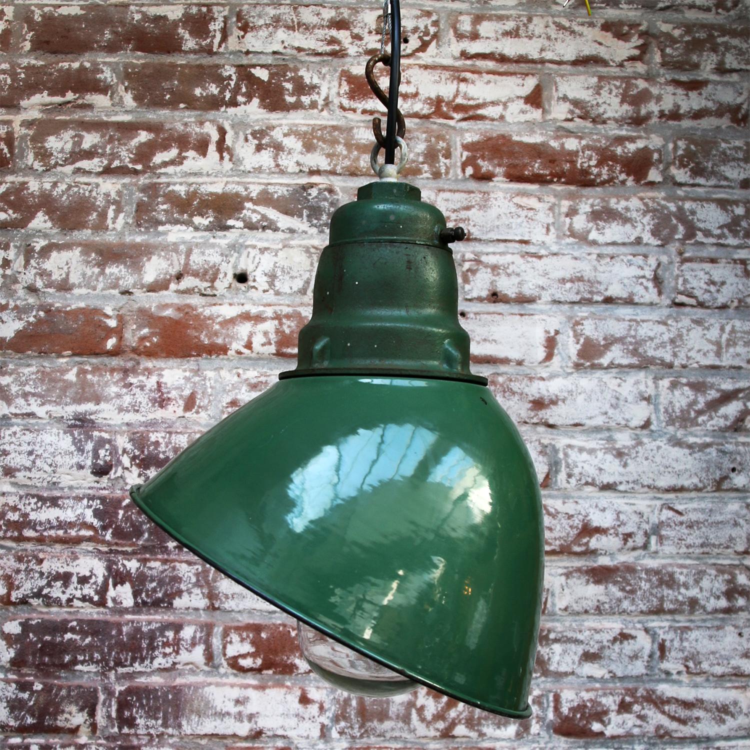 Green Enamel Vintage Industrial Cast Iron Top Clear Glass Pendant Light 1