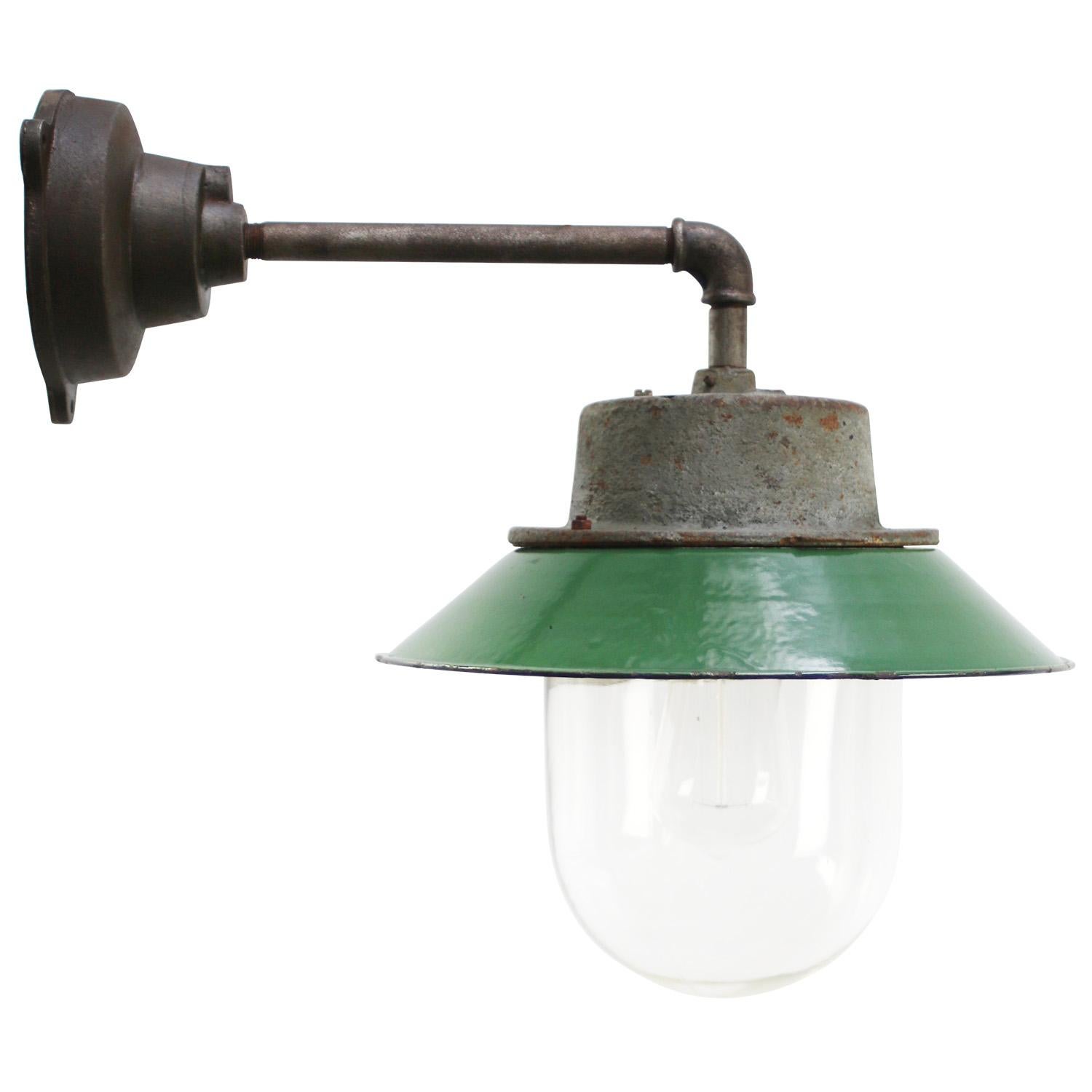Cast Green Enamel Vintage Industrial Clear Glass Scones Wall Lights For Sale