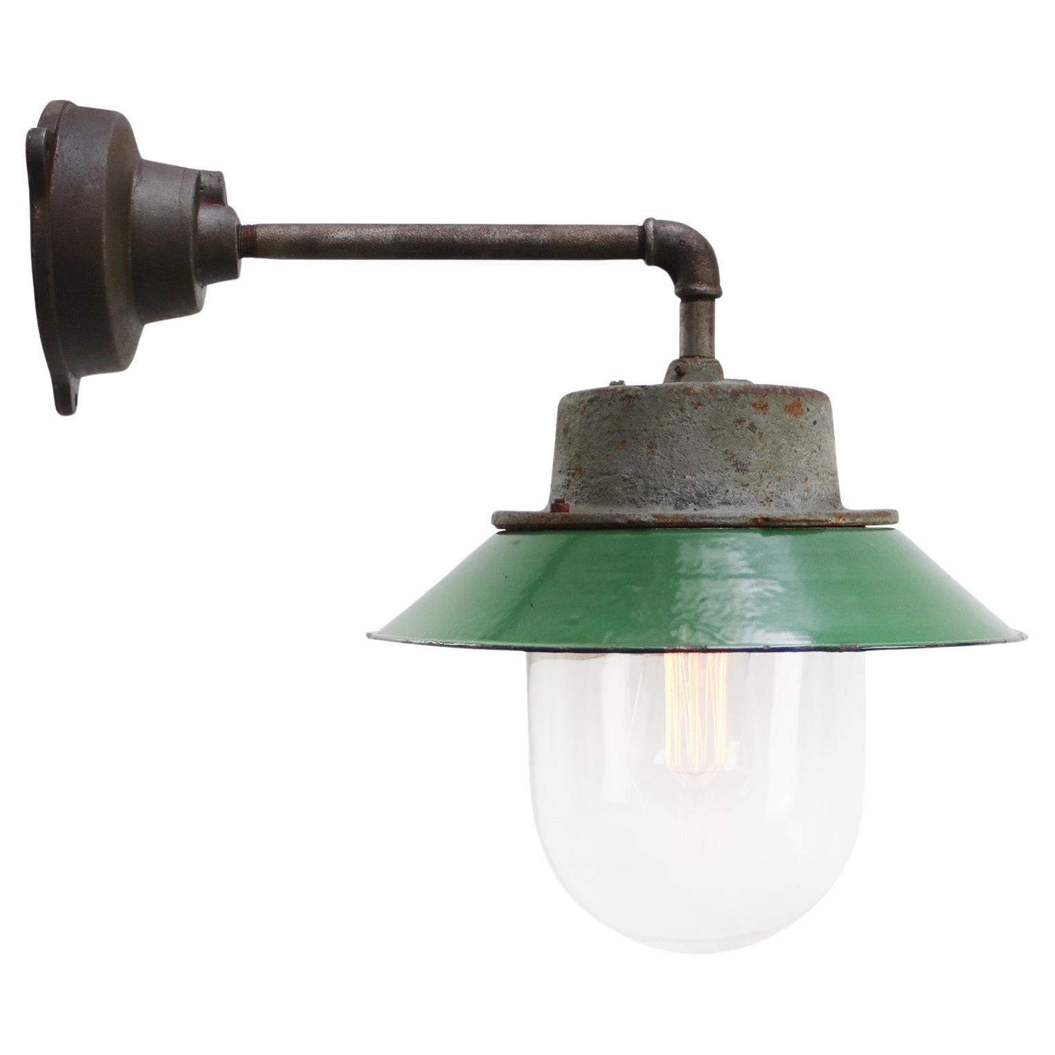 Green Enamel Vintage Industrial Clear Glass Scones Wall Lights For Sale