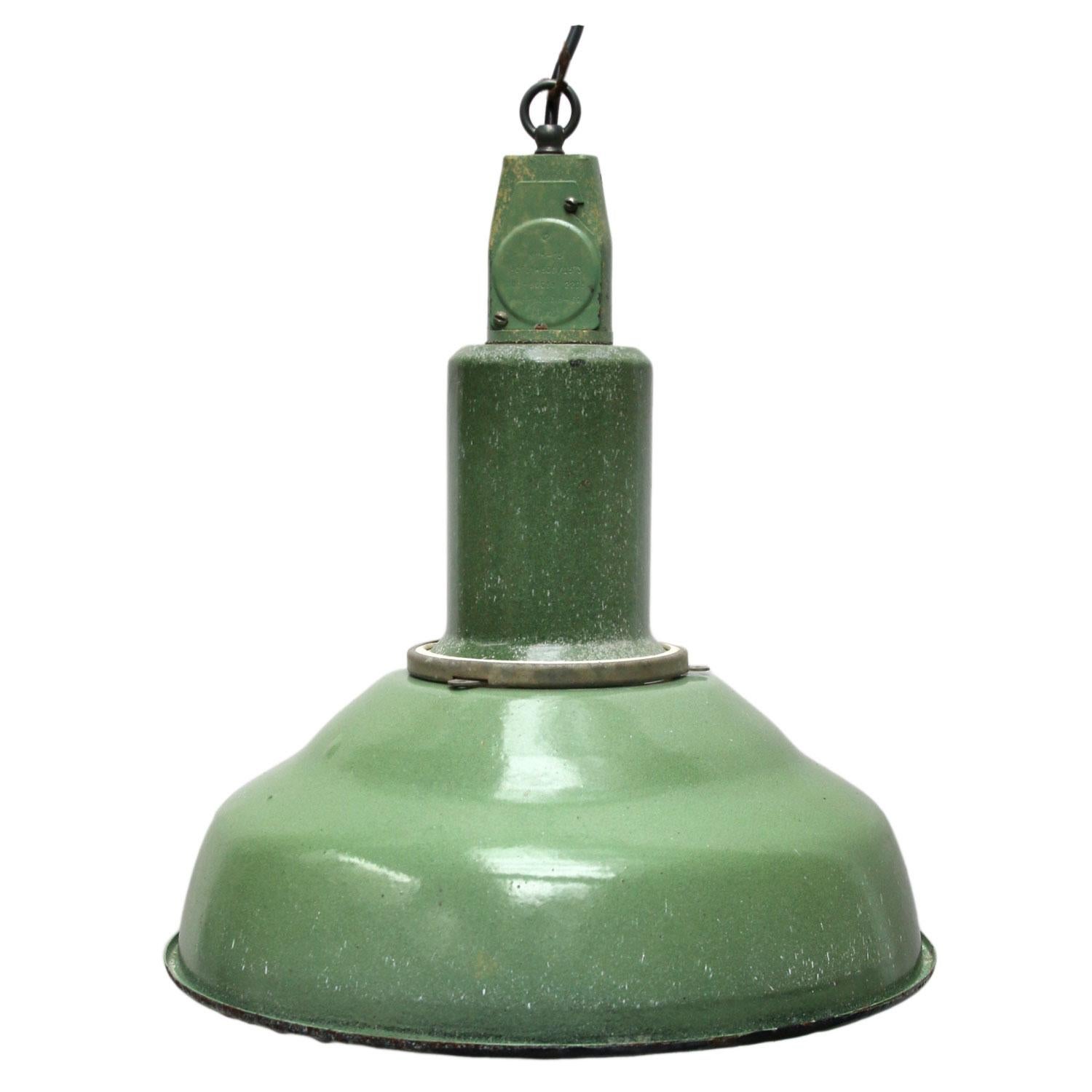 20th Century Green Enamel Vintage Industrial Enamel Top Pendant Lights (3x)
