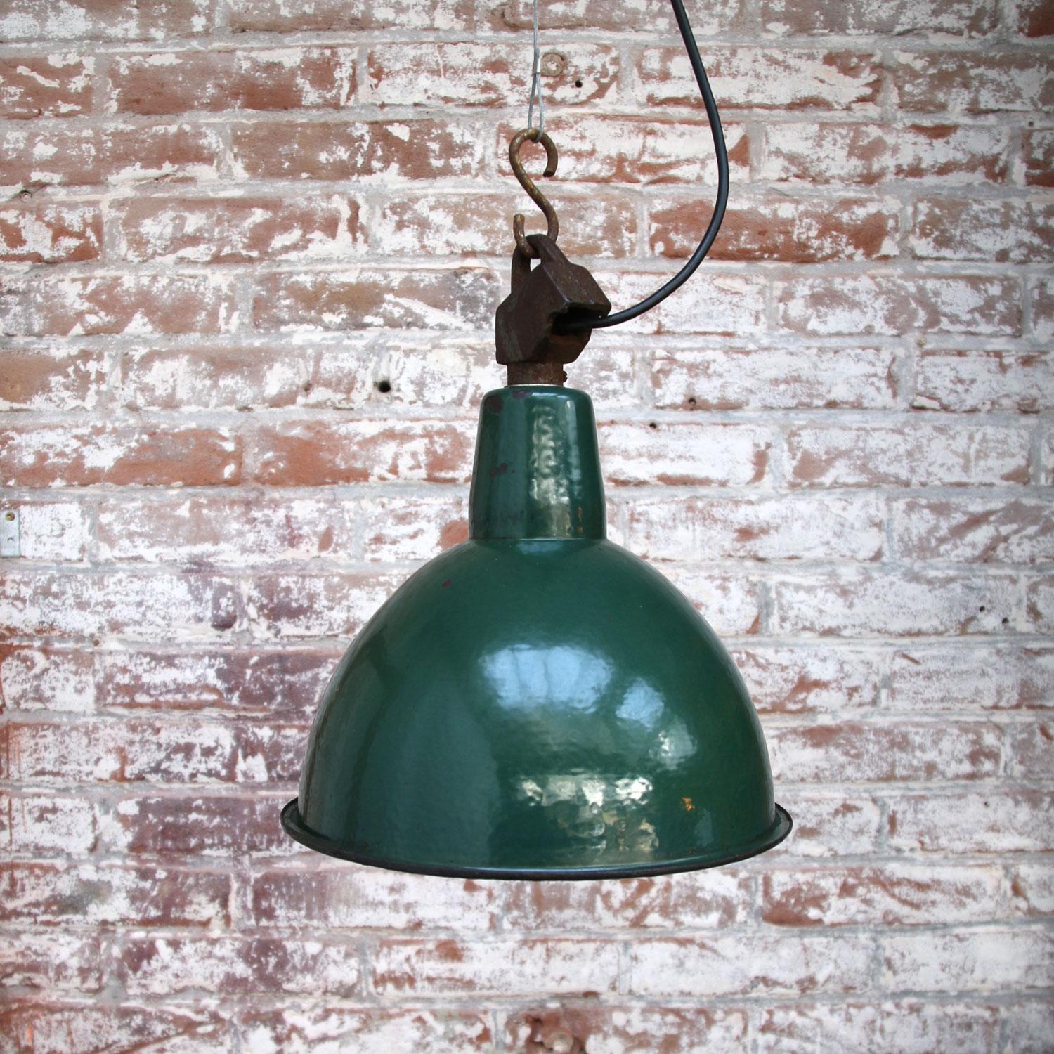 Polish Green Enamel Vintage Industrial Hanging Light Pendant