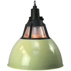 Green Enamel Vintage Industrial Holophane Glass Pendant Lights (5x)