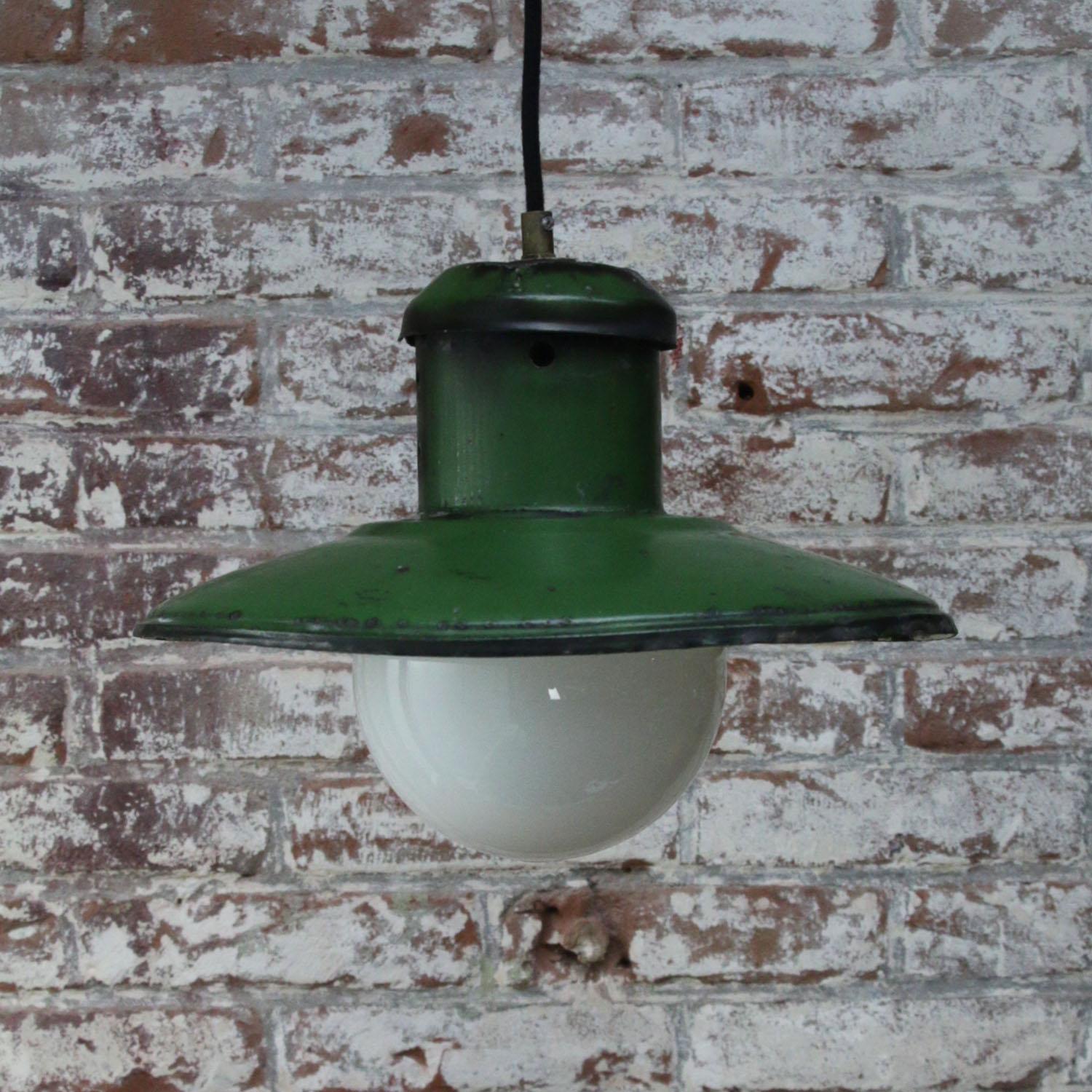 20th Century Green Enamel Vintage Industrial Opaline Glass Pendant Light