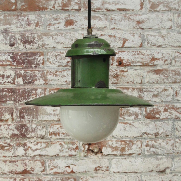 Green Enamel Vintage Industrial Opaline Glass Pendant Light For Sale at 1stDibs