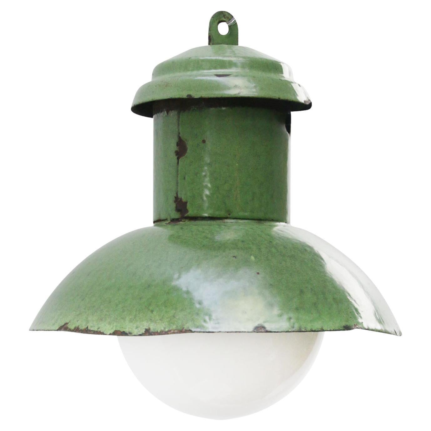 Green Enamel Vintage Industrial Opaline Glass Pendant Light