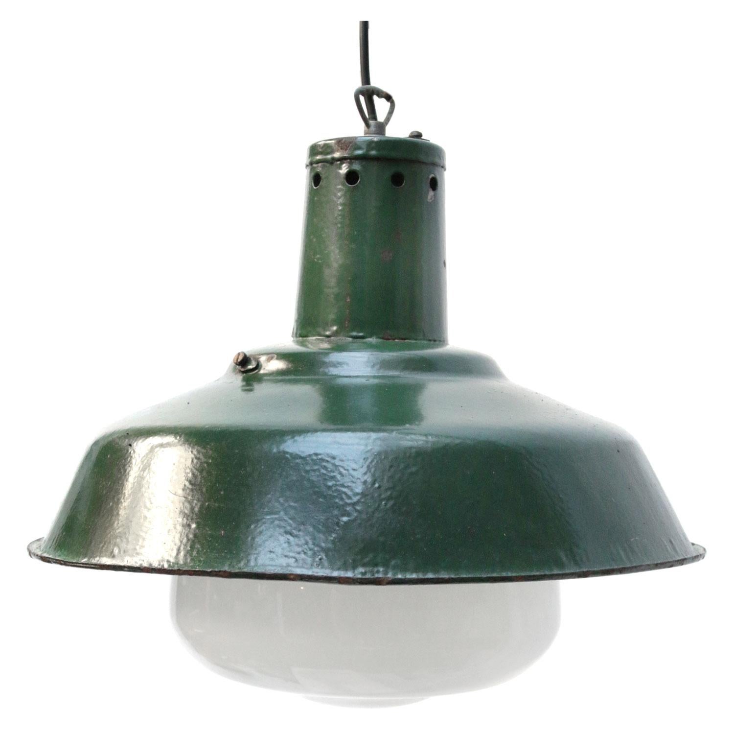 Green Enamel Vintage Industrial Opaline Glass Pendant Light In Excellent Condition In Amsterdam, NL